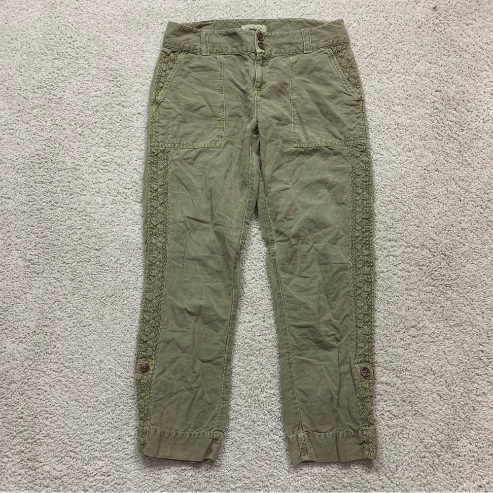 Women's SUNDANCE Olive Green LINEN Blend CROCHET TRIM Convertible CAPRI PANTS  6